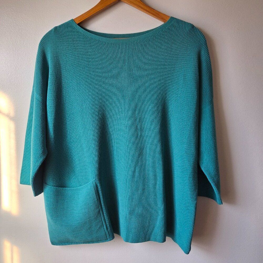 EUC DESIGNER LAFAYETTE 148 TEAL BOATNECK BOXY RELAXED SWEATER TOP SIZE M